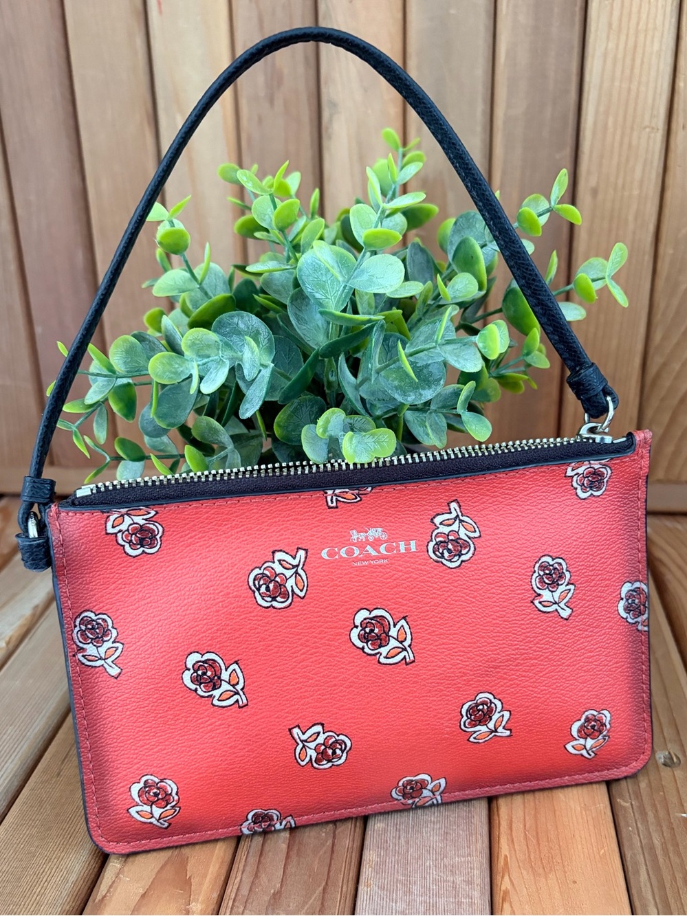 COACH Red Rose Print Wristlet Pouch, Medium